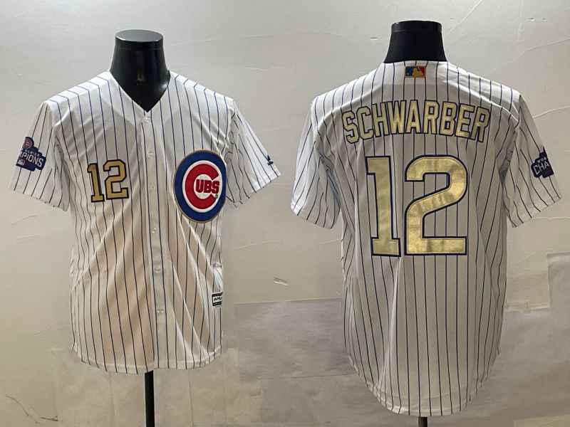 Men Chicago Cubs 12 Schwarber White Stripe Gold Game 2025 Nike MLB Jersey style 6